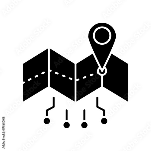 AI in GPS navigation solid icon design. Implementation AI in GPS navigation sector. Map with location pin and circuits design