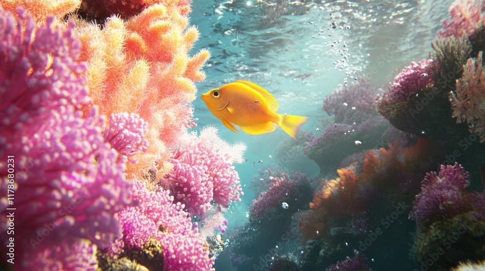 A vibrant underwater scene featuring a yellow fish among colorful coral reefs. A vibrant underwater scene featuring a yellow fish among colorful coral reefs.