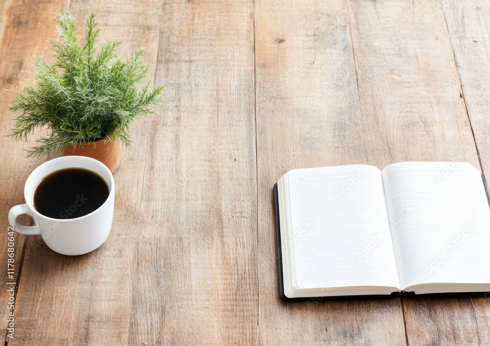 Calm & Focused Workspace with Goal Setting Journal and Coffee on Wooden Table Calm & Focused Workspace with Goal Setting Journal and Coffee on Wooden Table