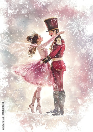 Whimsical watercolor nutcracker scene with dancing sugarplum fairies, soft pastel colors, snowflakes, holiday card layout, delicate brushstrokes, dreamy atmosphere