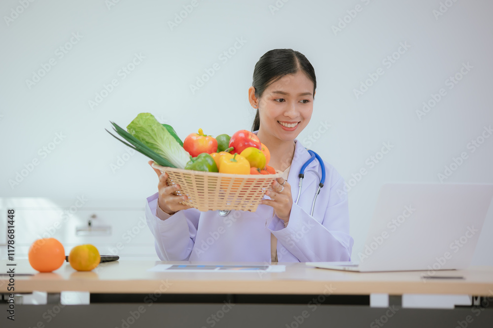 A dietitian or nutrition specialist in a doctor's office, wearing a lab coat, provides attentive counseling to patients, discussing weight control, diet, and digestive health. A dietitian or nutrition specialist in a doctor's office, wearing a lab coat, provides attentive counseling to patients, discussing weight control, diet, and digestive health.