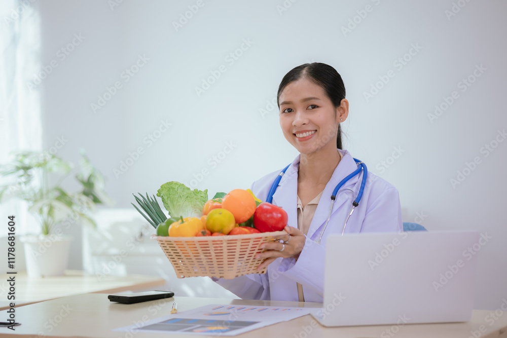 A dietitian or nutrition specialist in a doctor's office, wearing a lab coat, provides attentive counseling to patients, discussing weight control, diet, and digestive health. A dietitian or nutrition specialist in a doctor's office, wearing a lab coat, provides attentive counseling to patients, discussing weight control, diet, and digestive health.