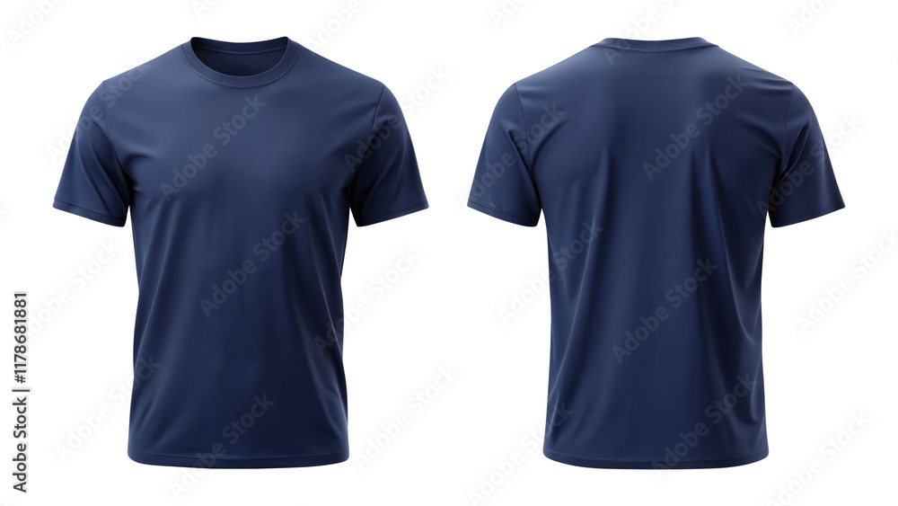 navy blue t shirt round neck template from two sides isolated on transparent white background, clipping path navy blue t shirt round neck template from two sides isolated on transparent white background, clipping path