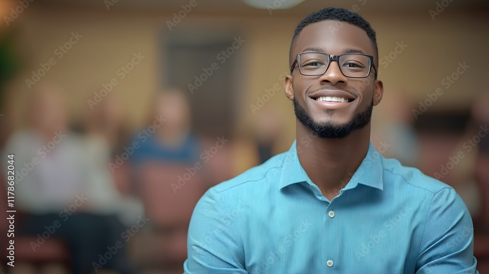 Naklejka premium Confident and Positive African American Business Professional Smiling in a Modern Office Setting Showing Optimism and Potential for Success