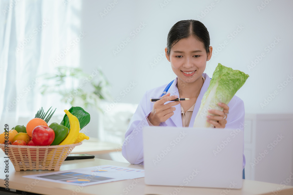 A dietitian or nutrition specialist in a doctor's office, wearing a lab coat, provides attentive counseling to patients, discussing weight control, diet, and digestive health. A dietitian or nutrition specialist in a doctor's office, wearing a lab coat, provides attentive counseling to patients, discussing weight control, diet, and digestive health.