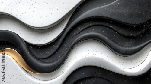 Abstract wavy shapes black white gold background.