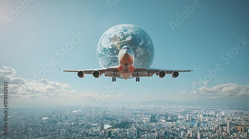 Airplane landing over city with Earth in foreground.  Possible use Stock photo for travel, global connectivity, or inspirational concepts. photo