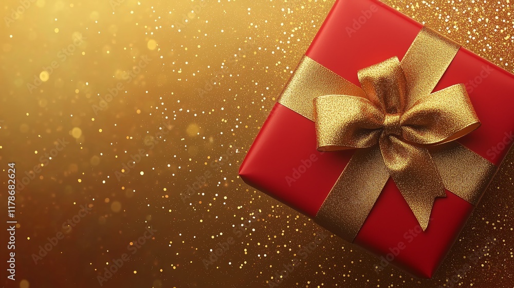 Bright red gift box with a golden bow on a gradient gold background, glitter accents and space for text. Bright red gift box with a golden bow on a gradient gold background, glitter accents and space for text.