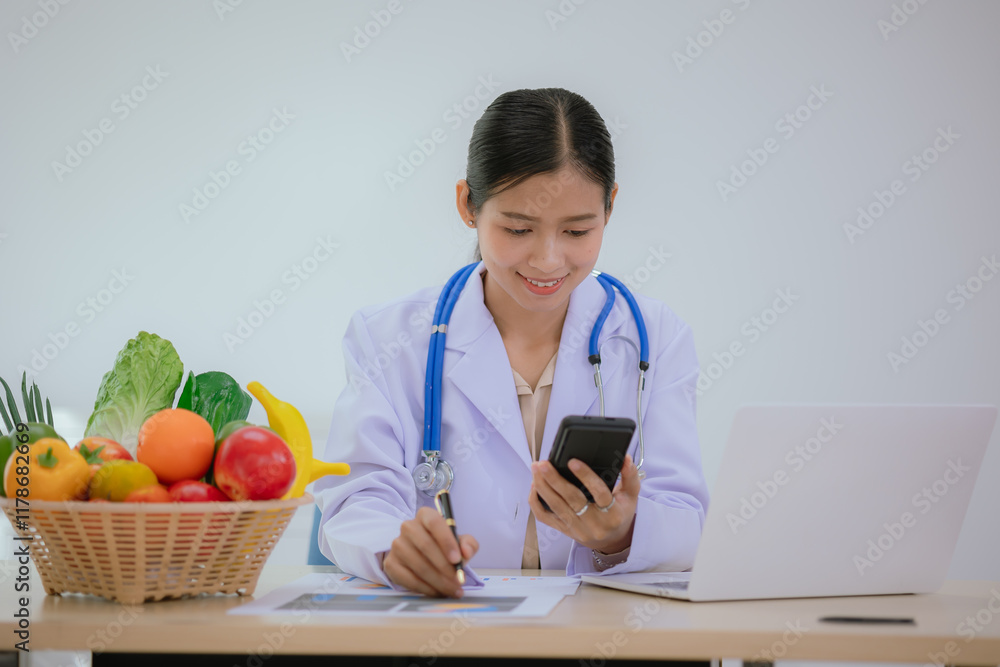 A female nutritionist holds a stethoscope to examine her health. She smiles and promotes healthy eating, organic living, wellness, and balanced nutrition. A female nutritionist holds a stethoscope to examine her health. She smiles and promotes healthy eating, organic living, wellness, and balanced nutrition.