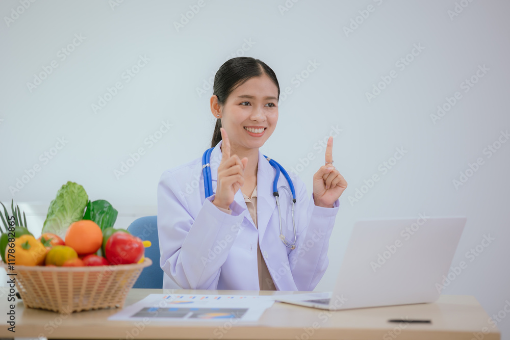 A female nutritionist holds a stethoscope to examine her health. She smiles and promotes healthy eating, organic living, wellness, and balanced nutrition. A female nutritionist holds a stethoscope to examine her health. She smiles and promotes healthy eating, organic living, wellness, and balanced nutrition.