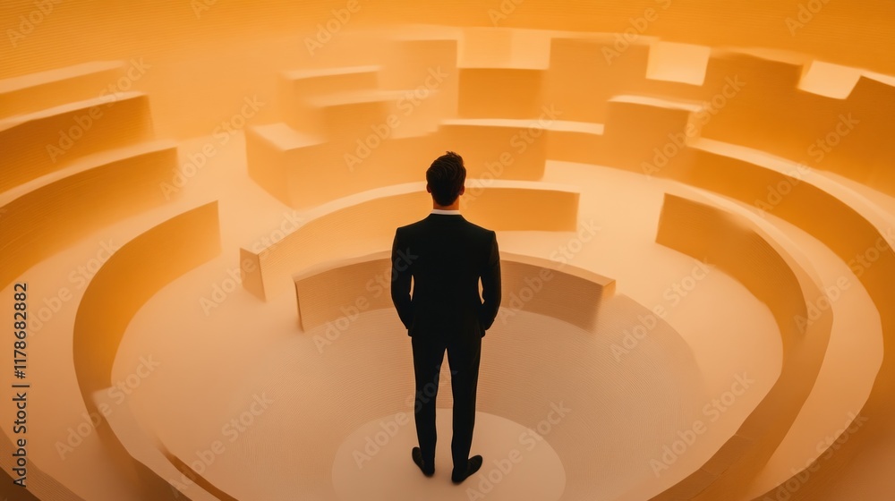 Navigating challenges a businessman's journey in a circular maze futuristic environment reflective viewpoint conceptual exploration Navigating challenges a businessman's journey in a circular maze futuristic environment reflective viewpoint conceptual exploration