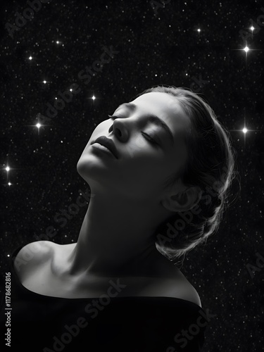 Retro Elegance: Woman with Closed Eyes Under Starry Skies