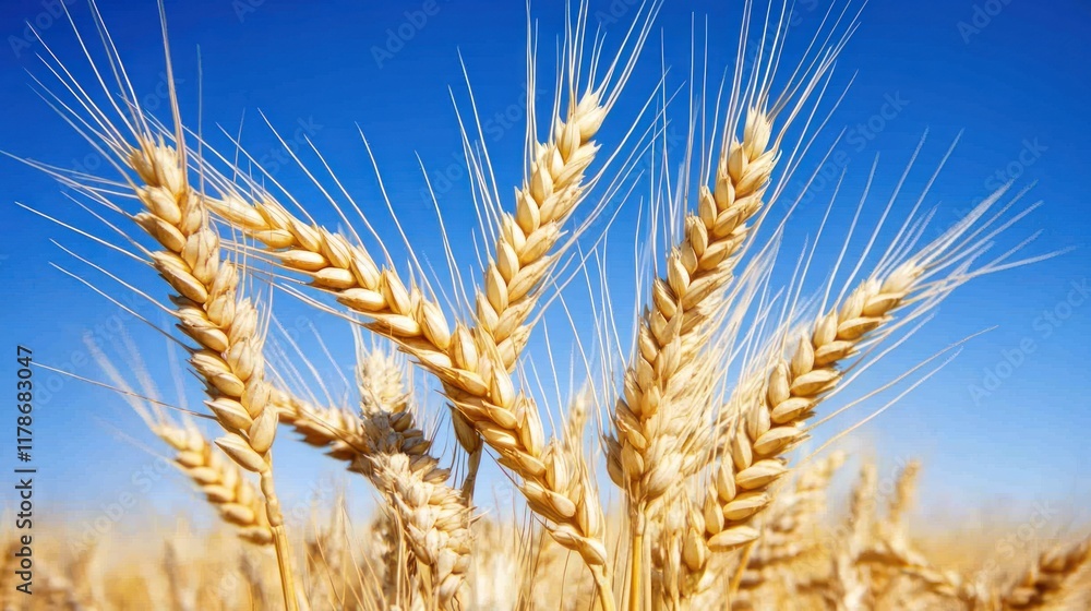 Close-up of golden wheat ears against a clear blue sky, highlighting agricultural abundance. Close-up of golden wheat ears against a clear blue sky, highlighting agricultural abundance.