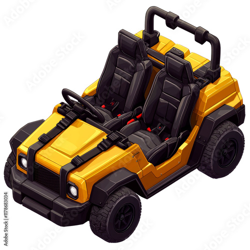 A vibrant yellow off-road buggy, perfect for adventurous journeys. This digital illustration showcases a fun, sporty vehicle ideal for kids' play or exciting recreational drives. photo