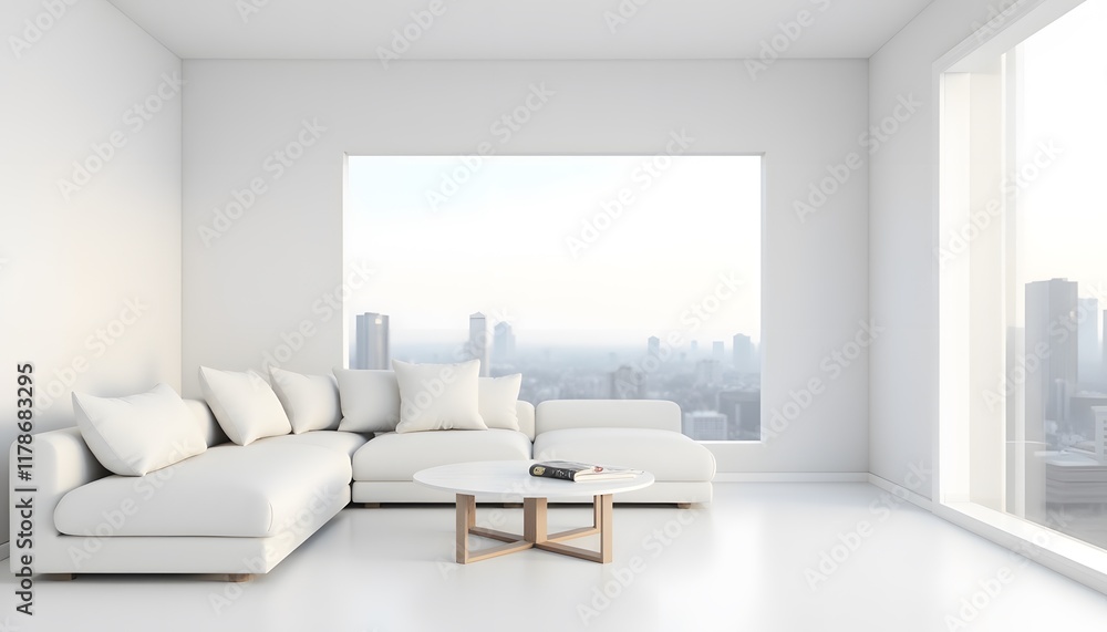 Fototapeta premium Modern White Sectional Sofa in Minimalist Living Room with City View