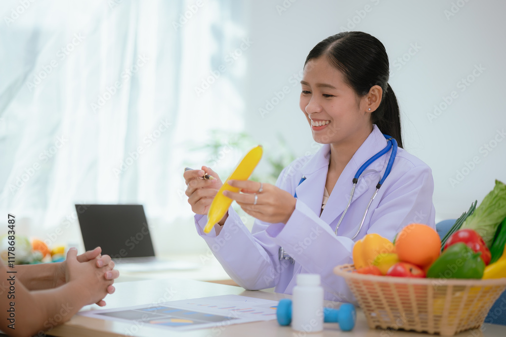 Nutritionist giving consultation to patient with healthy fruit and vegetable, Right nutrition and diet concept Nutritionist giving consultation to patient with healthy fruit and vegetable, Right nutrition and diet concept