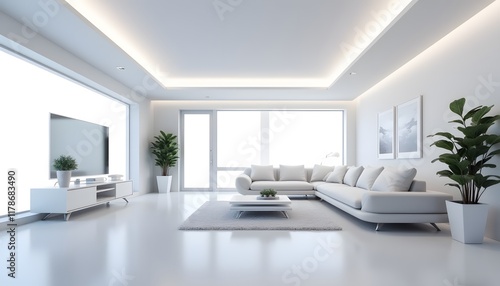 Modern White Living Room Interior Design with L Shaped Sofa Large Windows and Recessed Lighting