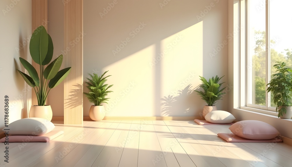 Serene Minimalist Room Interior Design with Plants and Cushions Sunlight Streaming Through Window Serene Minimalist Room Interior Design with Plants and Cushions Sunlight Streaming Through Window