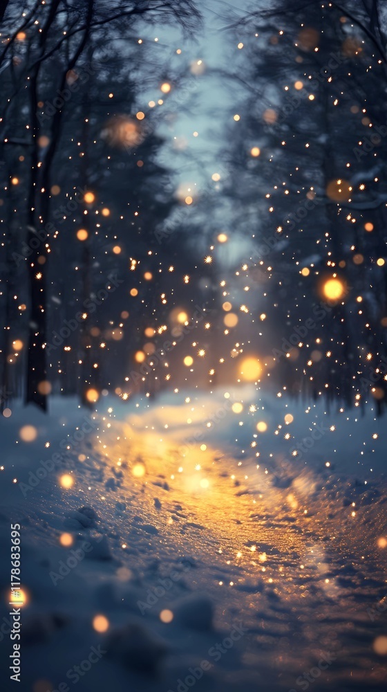 Naklejka premium Blurred light clusters softly illuminating a snow-covered forest road surrounded by frost-laden branches offering a serene seasonal setting