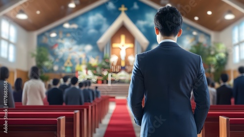 Interior view of a traditional Christian church with an ornate altar rows of wooden pews and stained glass windows depicting religious imagery  The sacred space creates an atmosphere of reverence photo