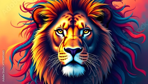 Majestic Lion Portrait Vibrant Colorful Mane Intense Gaze Digital Art