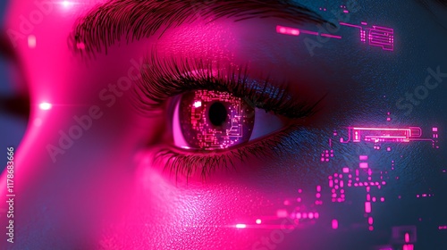 Close-up futuristic woman's eye with glowing digital overlay. photo