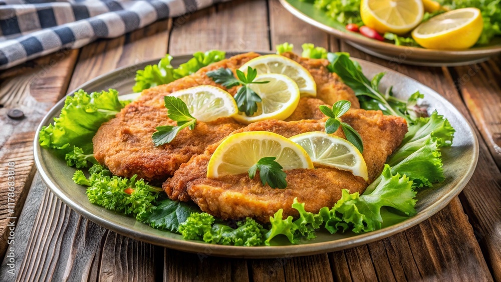Golden, crispy Pork Milanese served with fresh lettuce and a wedge of zesty lemon on the side. Golden, crispy Pork Milanese served with fresh lettuce and a wedge of zesty lemon on the side.