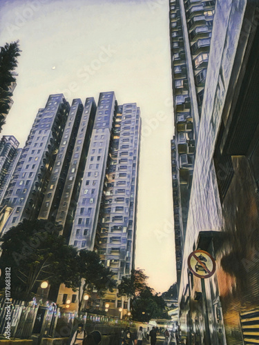 A colored pencil illustration featuring a sky view between high rise apartment buildings.