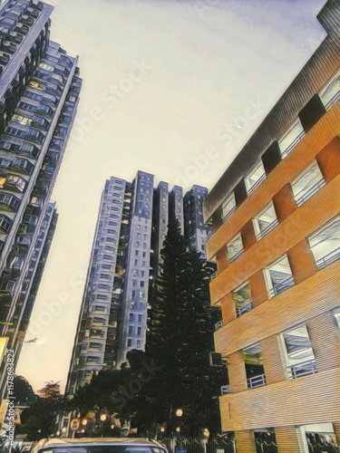 A colored pencil illustration featuring a sky view between high rise apartment buildings.