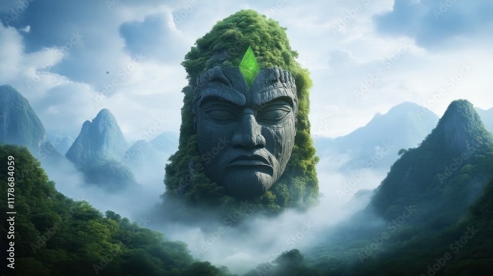 Mysterious stone giant awakens enchanted mountains digital art serene landscape wide angle nature's guardian Mysterious stone giant awakens enchanted mountains digital art serene landscape wide angle nature's guardian