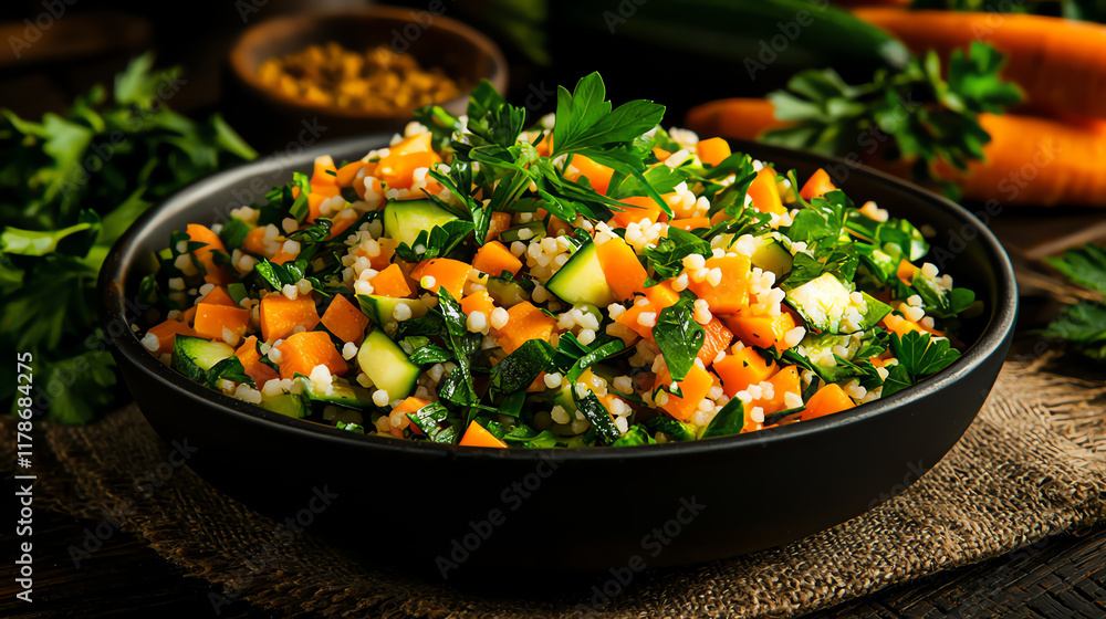 Soft couscous salad with boiled carrots and zucchini, light and wholesome meal for sensitive palates Soft couscous salad with boiled carrots and zucchini, light and wholesome meal for sensitive palates