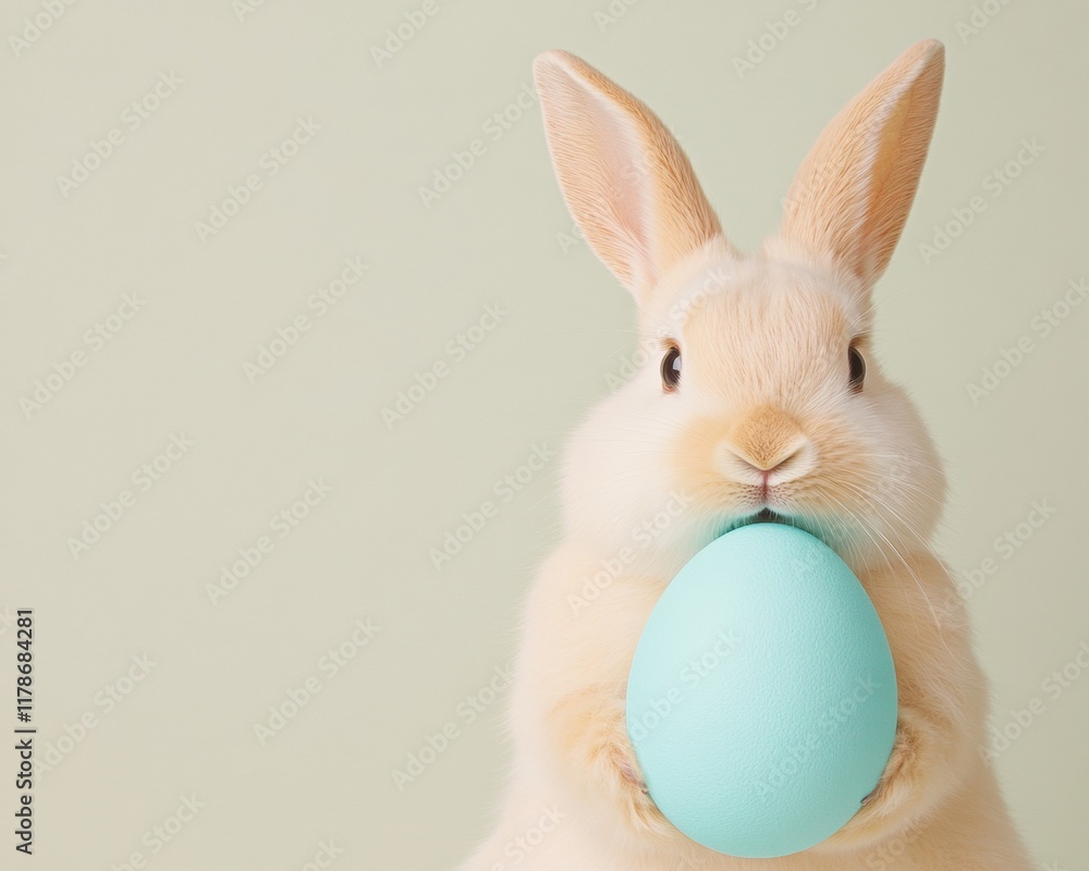 Fototapeta premium Adorable White Rabbit Holding Blue Easter Egg Against Pastel Background