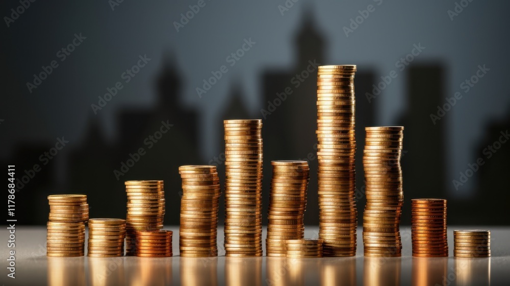 A detailed still-life composition of neatly stacked coin towers with tiny wooden houses perched on top. A detailed still-life composition of neatly stacked coin towers with tiny wooden houses perched on top.