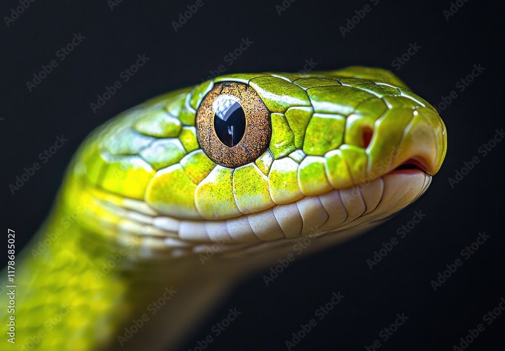 Close-Up of a Vibrant Green Snake with Striking Eye Features and Textured Scales Against a Dark Background, Showcasing Nature's Intricate Details Close-Up of a Vibrant Green Snake with Striking Eye Features and Textured Scales Against a Dark Background, Showcasing Nature's Intricate Details