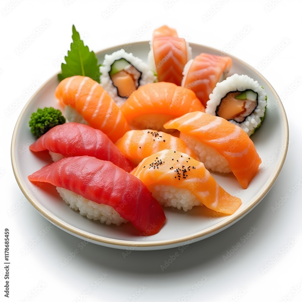 Delicious Assortment of Salmon and Tuna Sushi on Plate Delicious Assortment of Salmon and Tuna Sushi on Plate