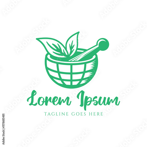 Half Globe World Global Green Mortar and Pestle with Leaf Leaves for Herbal Medicine Logo Design