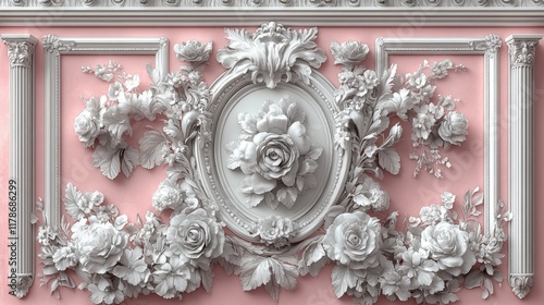 Elegant pastel pink background with ornate white rose floral molding and frame. photo