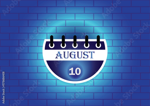 A stylized calendar page for August 10th is displayed against a blue brick wall background. The design is clean and modern, ideal for various uses.
