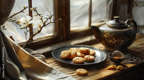 A black platter of pignoli biscuits and a vessel for tea are beside the window photo