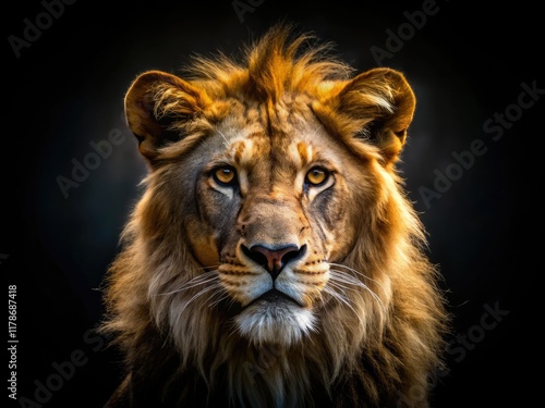 A close-up silhouette of a young lion, a powerful wildlife portrait from the zoo. photo