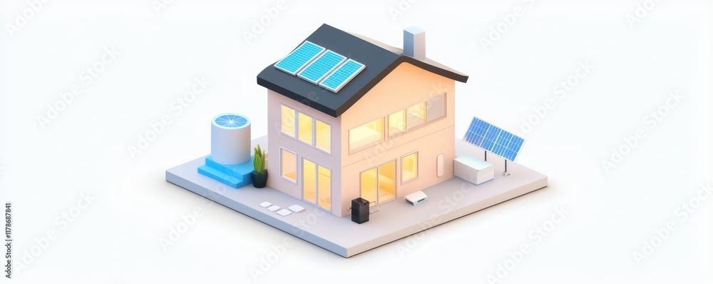 Net zero carbon neutral concept. Advanced smart home, net zero design with integrated renewable energy, 3D illustration Net zero carbon neutral concept. Advanced smart home, net zero design with integrated renewable energy, 3D illustration