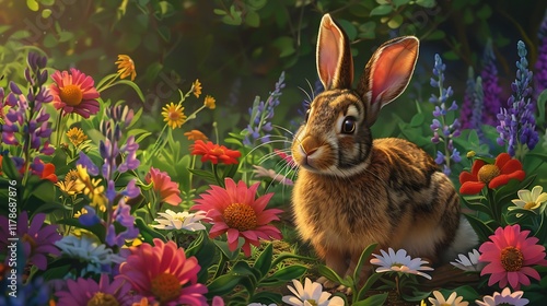 A charming rabbit lounges amidst vibrant flowers in a brilliantly viewable backyard