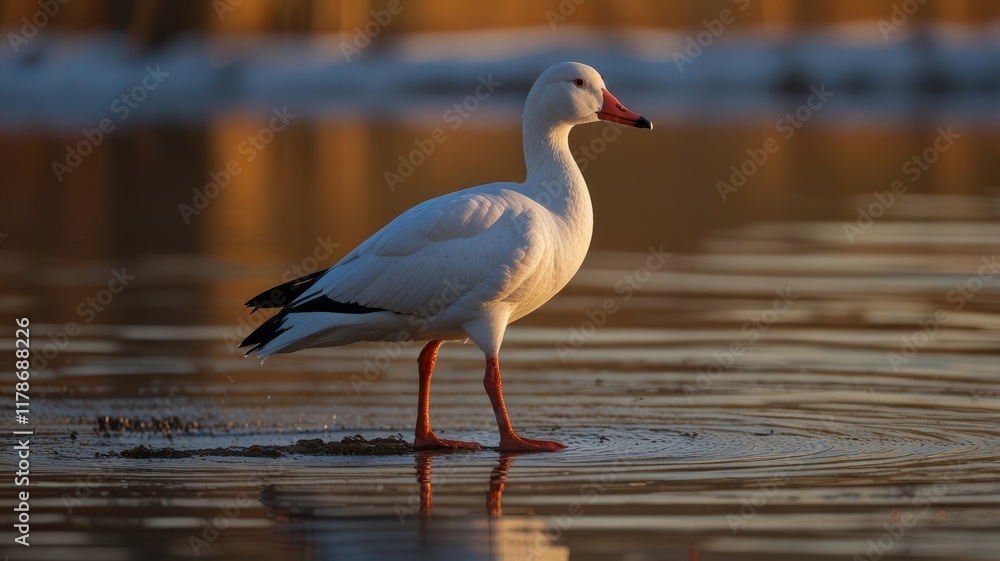 Fototapeta premium sunset,Snow goose in the golden light, the water reflects golden during the sunset