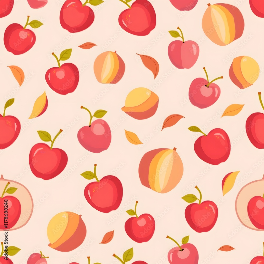 Seamless Pattern of Red Apples Peaches and Autumn Leaves Fall Fruit Background Design Seamless Pattern of Red Apples Peaches and Autumn Leaves Fall Fruit Background Design