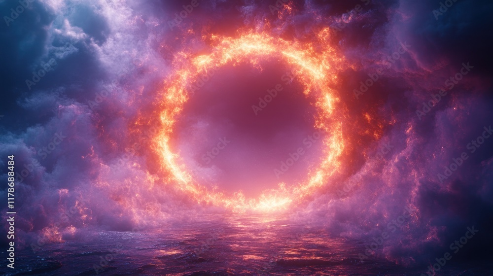 Fototapeta premium Fiery portal in a mystical, cloudy atmosphere.