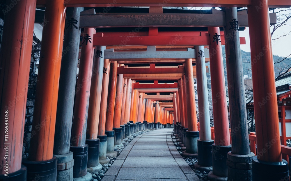 Kyoto’s Fushimi Inari Shrine Red torii gates tunnel path in Japan. Kyoto’s Fushimi Inari Shrine Red torii gates tunnel path in Japan.