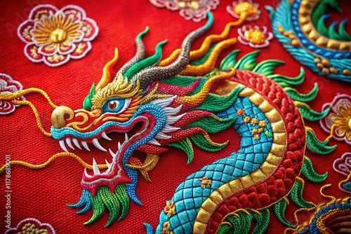 Wallpaper Mural 2024 Year of the Dragon: Red Background Chinese Dragon Embroidery Head Stock Photo Torontodigital.ca