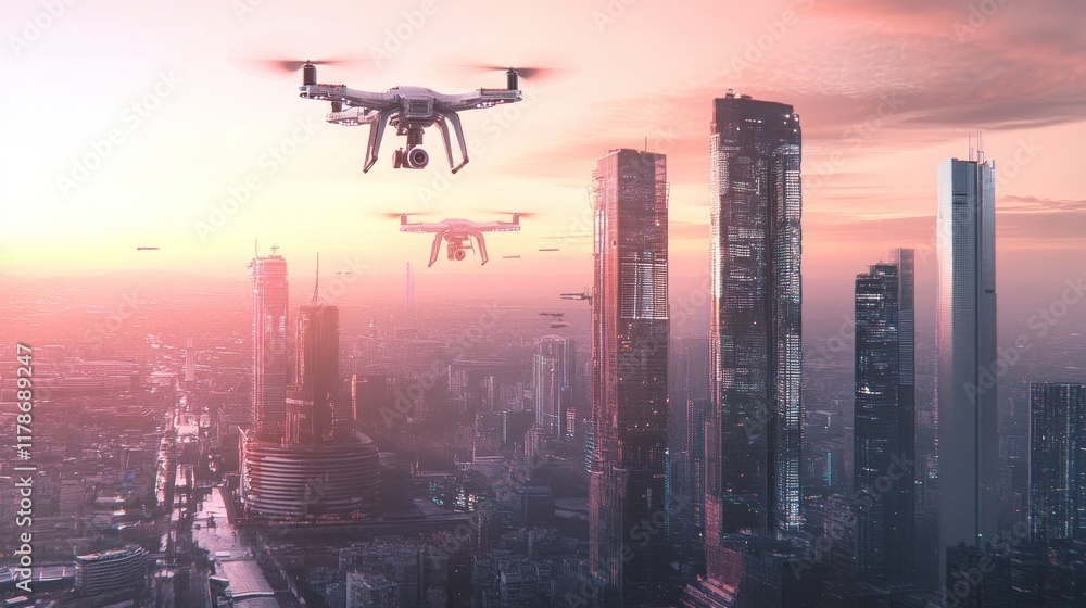 Drones flying over a futuristic cityscape at sunset. Drones flying over a futuristic cityscape at sunset.