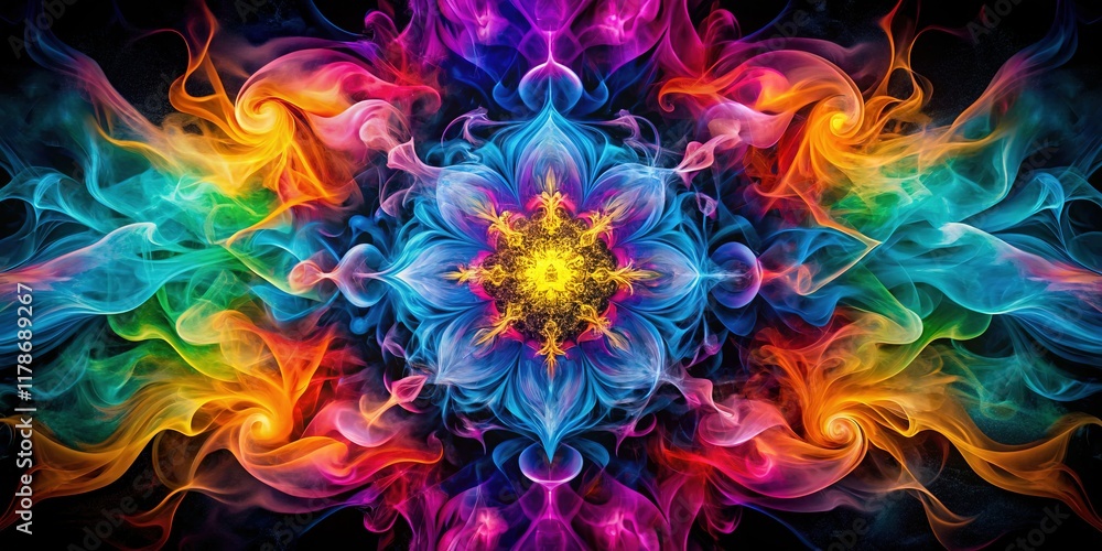 Abstract Colorful Smoke Swirls Kaleidoscope Macro Photography - Black Background Abstract Colorful Smoke Swirls Kaleidoscope Macro Photography - Black Background