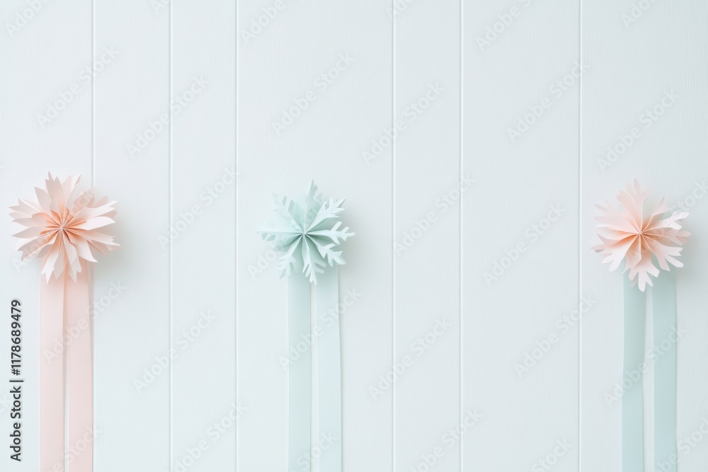 Obraz premium Minimalist Holiday Decor Handmade Paper Snowflakes and Pastel Ribbons on White Wood Background